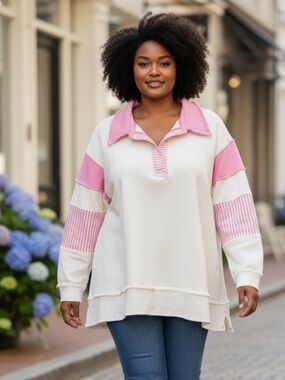 BlueVelvet XL Pink and Cream Long Sleeve Sweatshirt Top